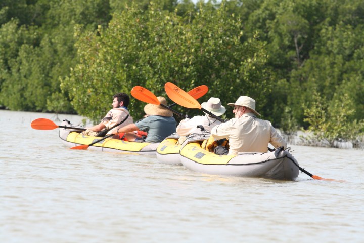 Three people kayaking through calm water with green trees nearby.