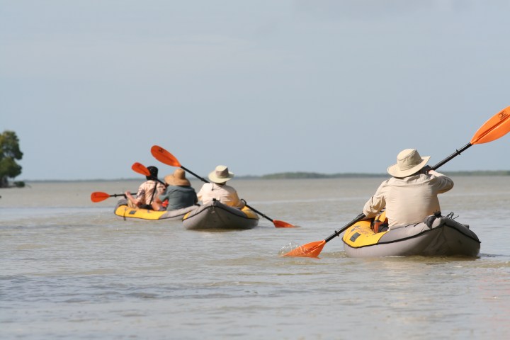 Four people kayaking on calm water, wearing hats and using orange paddles.
