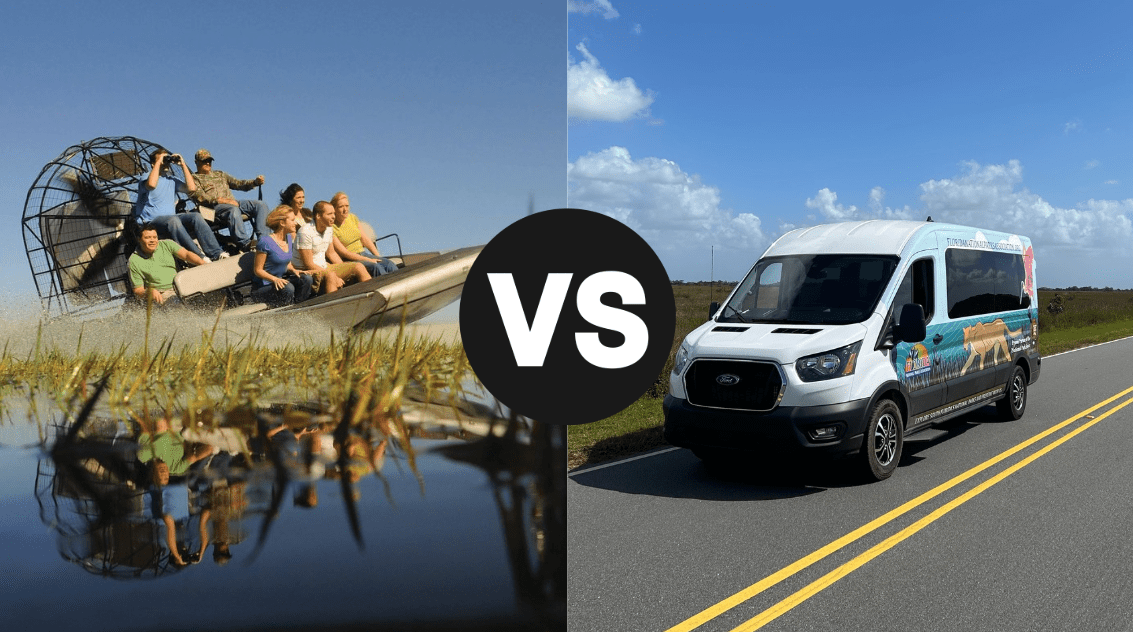Airboat VS Van Tour Split image: group on airboat in wetland vs. white tour van on road under blue sky.