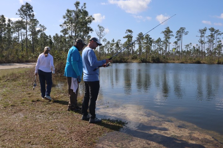 Three people fishing by a lake under a blue sky with trees in the background.