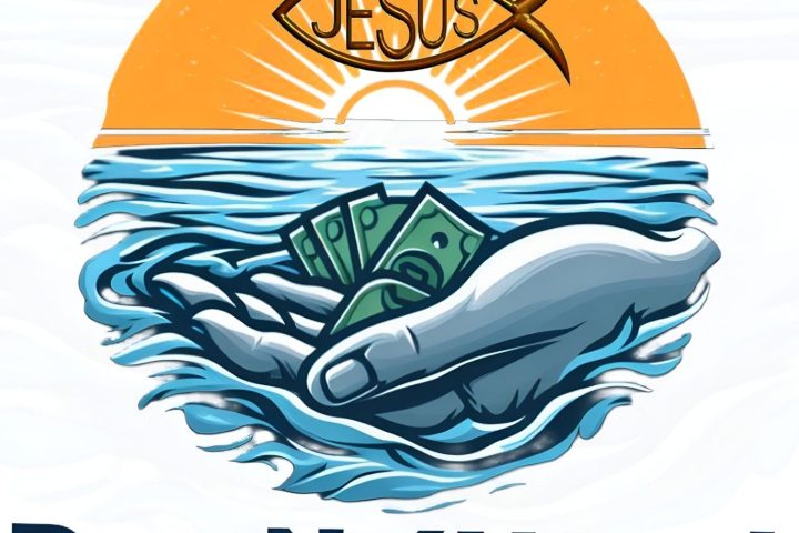 Sunset over water, Jesus symbol, hand offering money, text 'Pay N 4Ward' below.